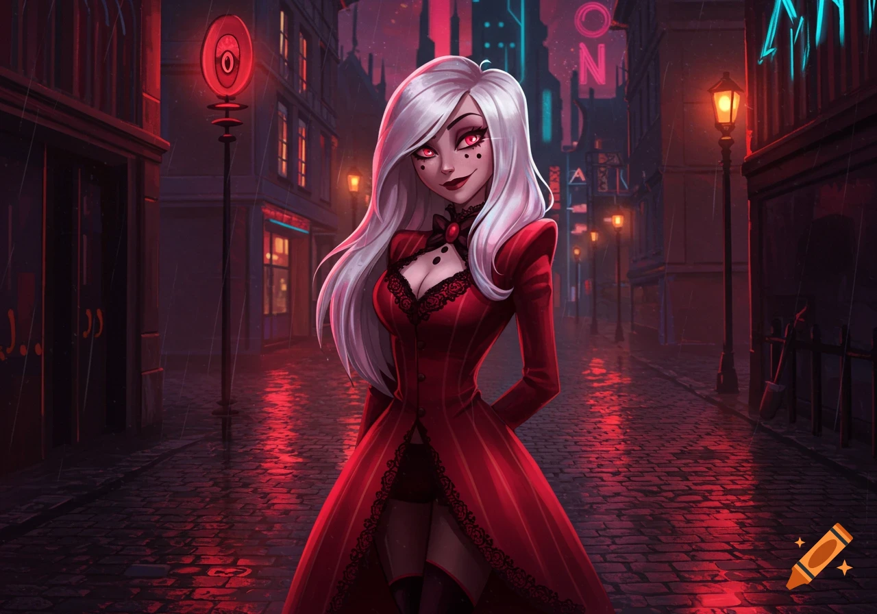 An animated woman with long white hair and red eyes, wearing a long red coat, stands on a wet, neon-lit cobblestone street at night.