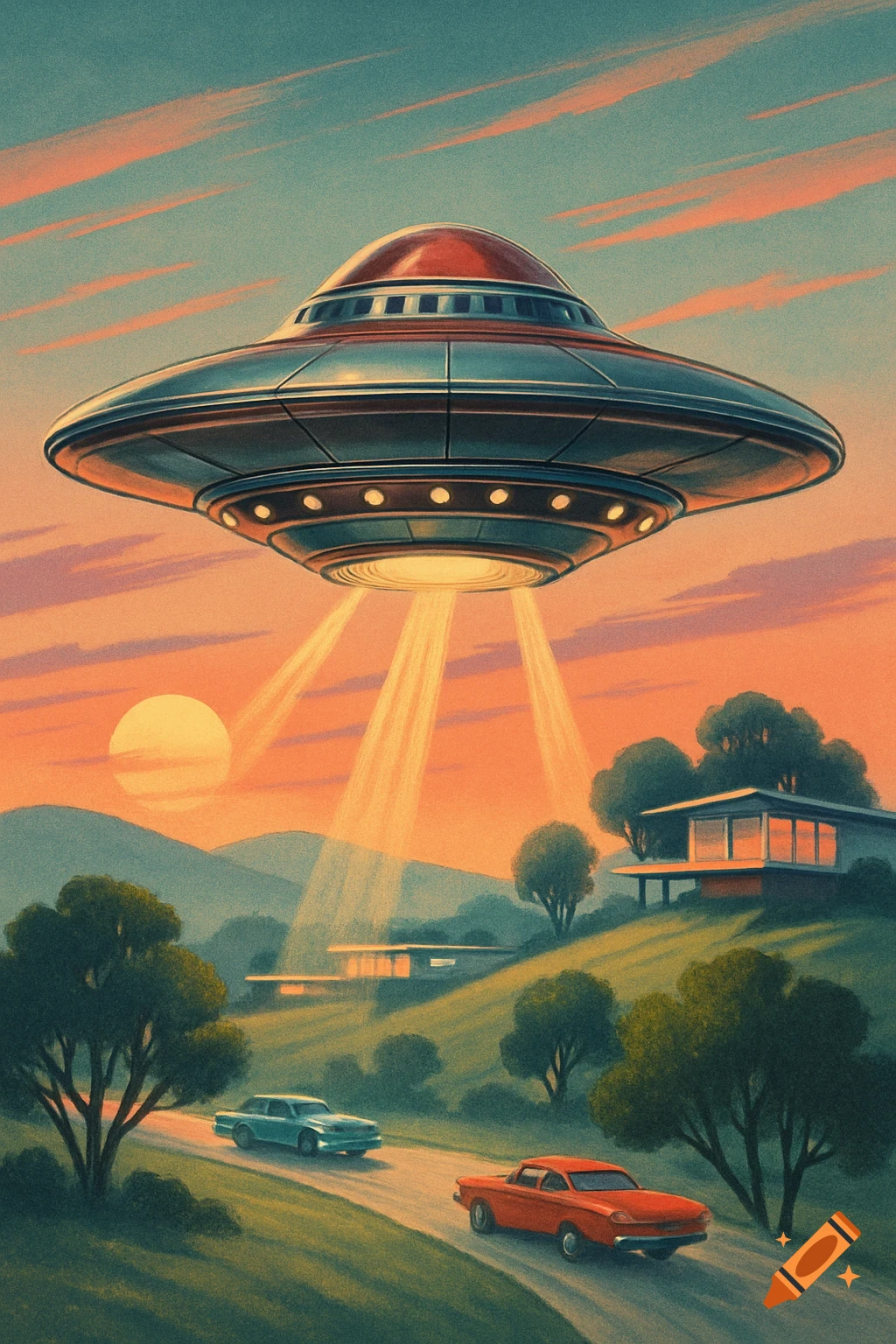 Retrofuturistic flying saucer hovers over a scenic landscape with mid-century houses and cars at sunset, vintage illustration style.