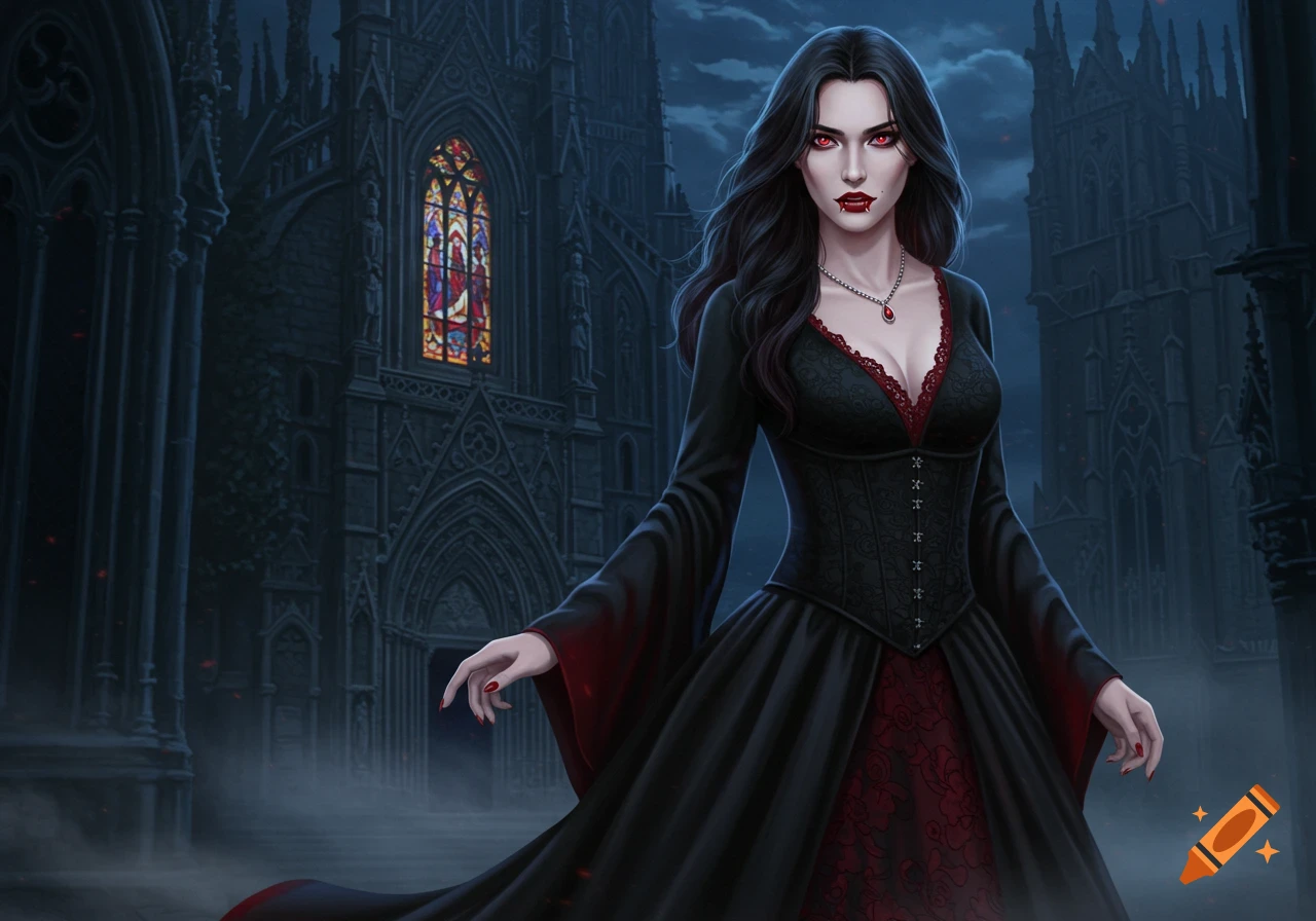 A vampire woman with long dark hair, red eyes, and fangs wears a black and red Gothic dress, standing before a dark cathedral.