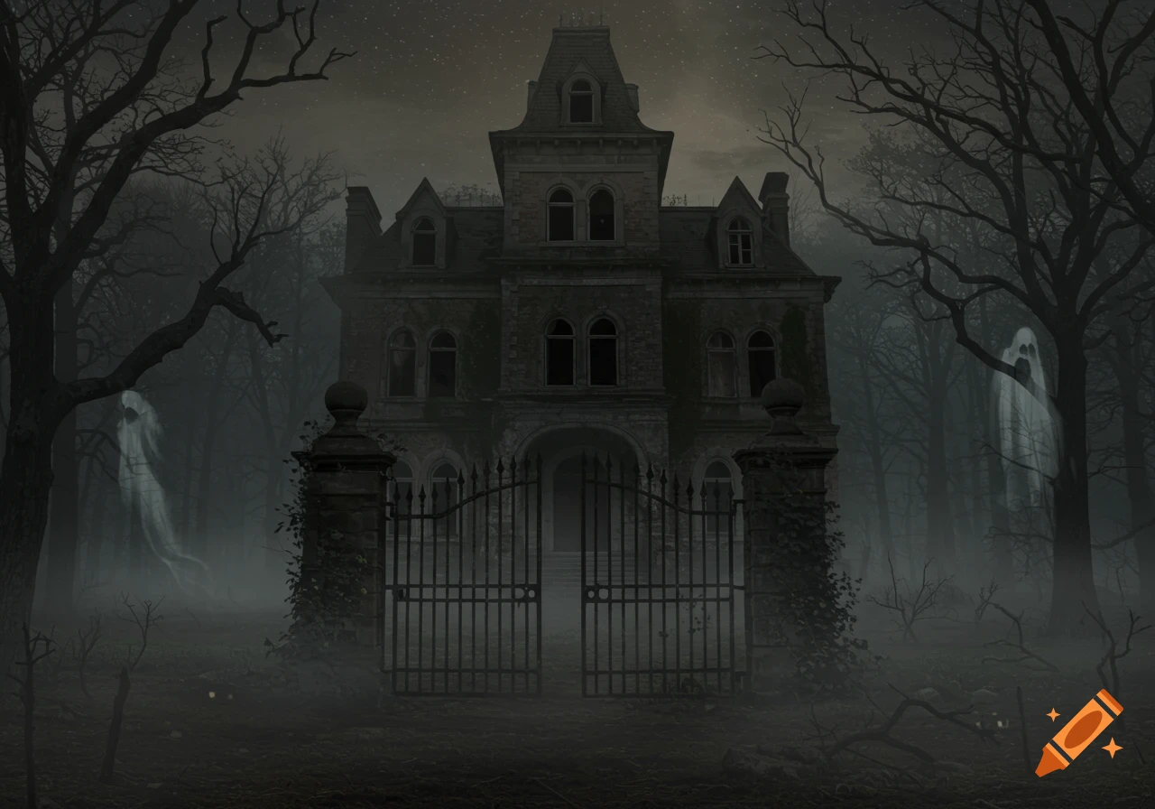A spooky, dark gothic mansion stands in a foggy, eerie forest with two ghostly figures by the gates.