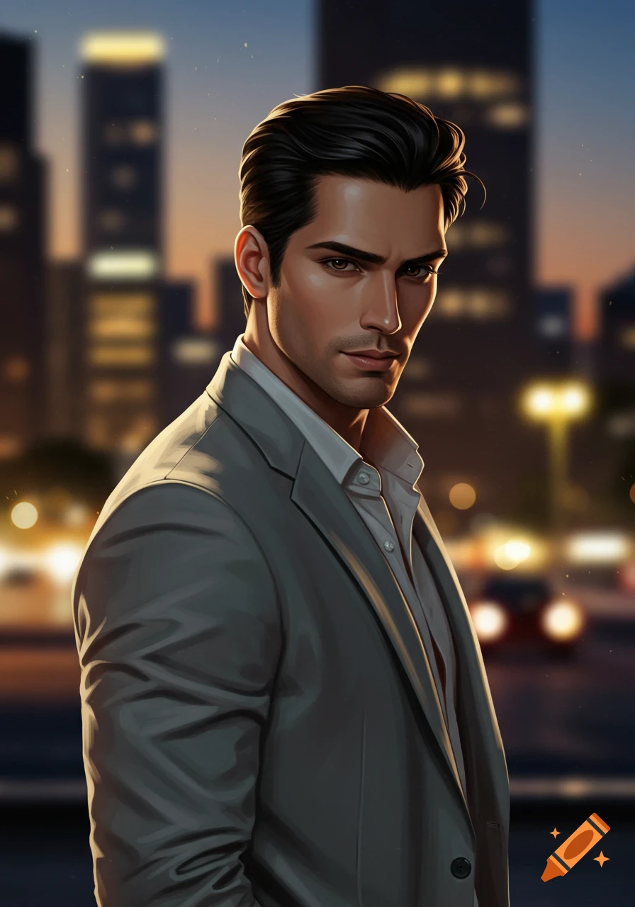 Stylized portrait of a handsome man with dark hair, brown eyes, and pale skin, smirking in a grey suit against a blurred city background.