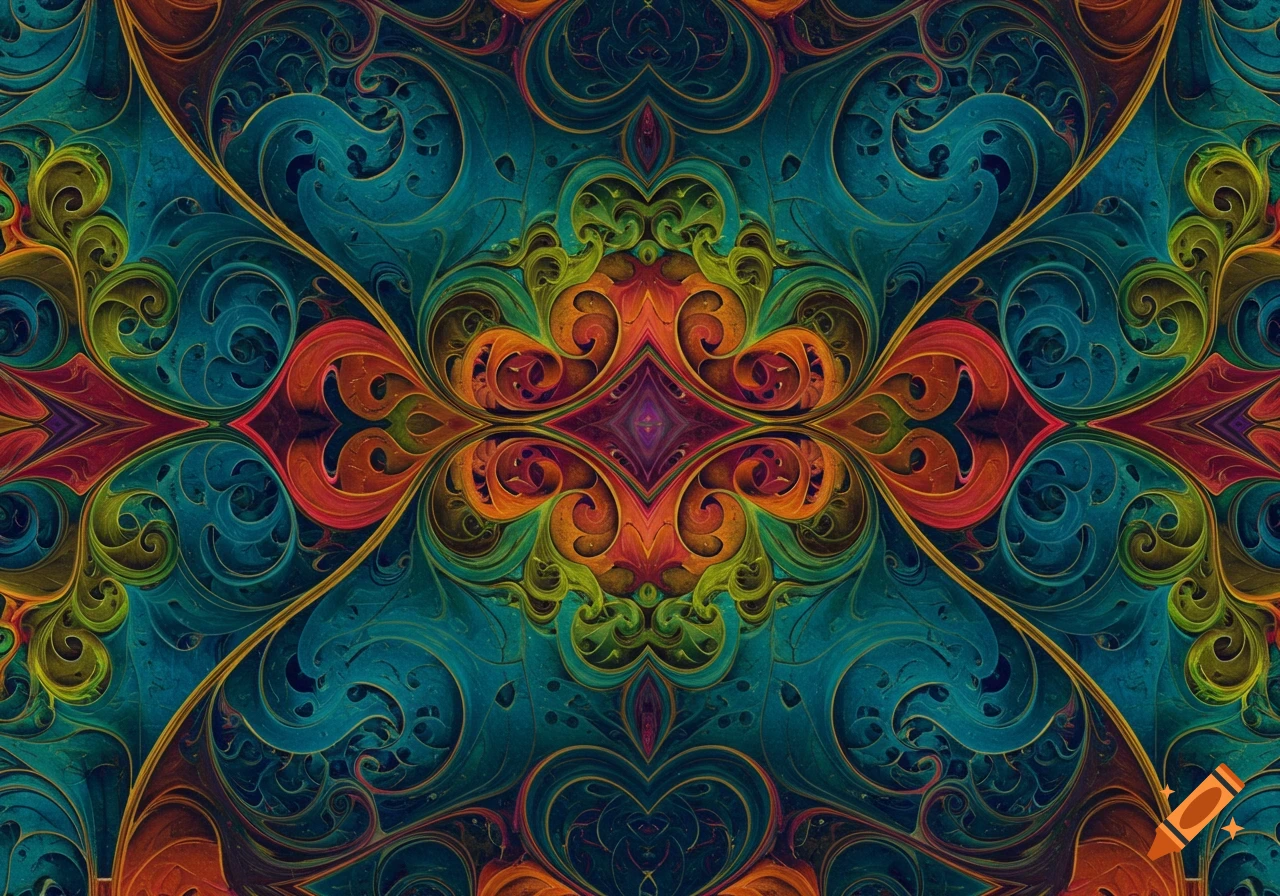 Vibrant, intricate symmetrical abstract pattern with swirling organic shapes in teal, orange, red, and yellow-green.