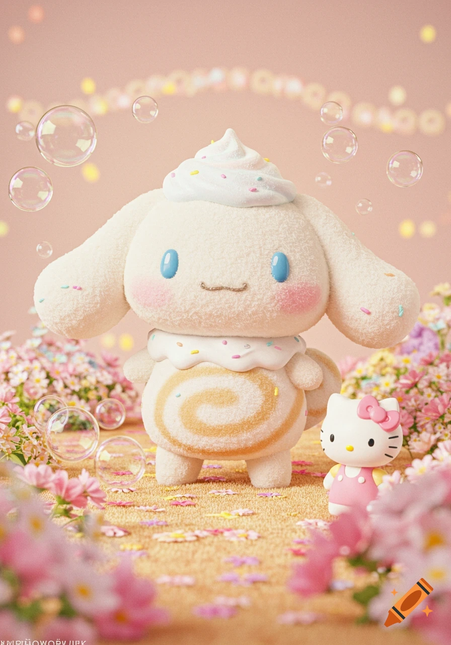 Cute Cinnamoroll plushie with whipped cream hat next to Hello Kitty in a pastel flower field with bubbles.