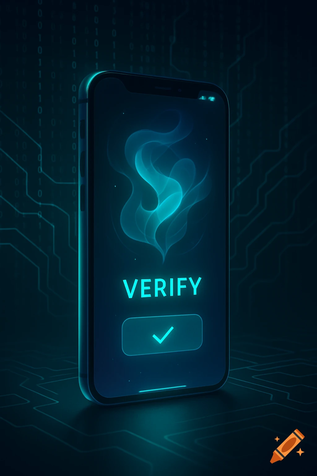 A smartphone displaying a glowing blue 'VERIFY' screen with a checkmark, set against a dark, circuit-board-like background with binary code.