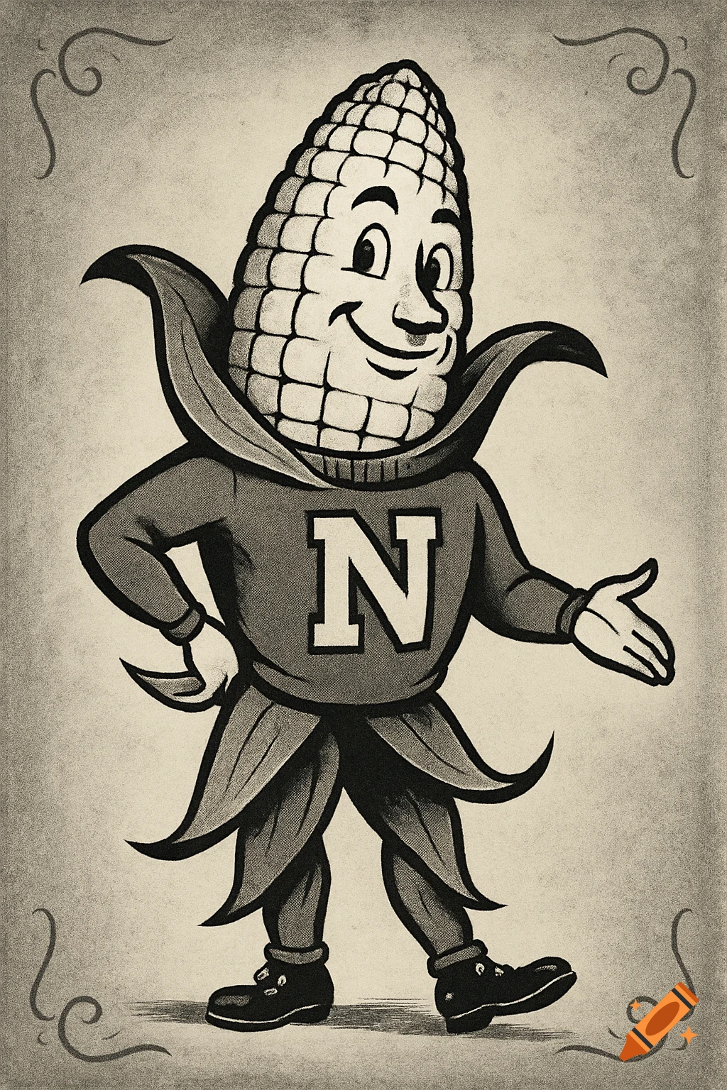 Vintage black and white illustration of a smiling corn cob mascot wearing a sweater with an 'N' on its chest.