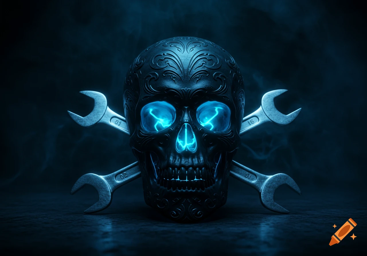 A dark, ornate black skull with glowing blue eyes and jaw, flanked by two silver wrenches, set against a smoky blue-black background.