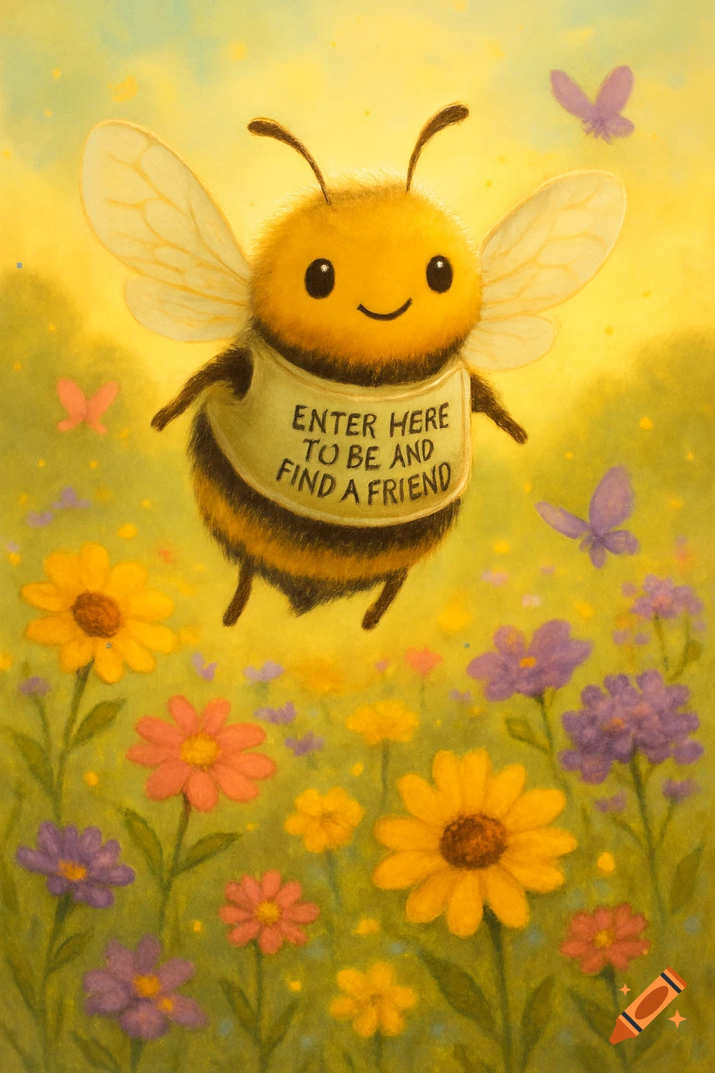 A cute, fluffy bee wearing a shirt with 'ENTER HERE TO BE AND FIND A FRIEND' flies above a vibrant field of colorful flowers. Illustration.
