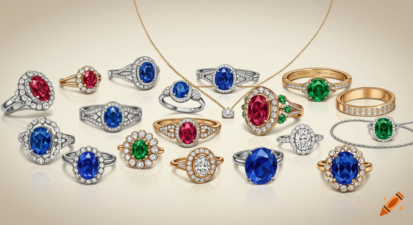 A luxurious collection of diamond and gemstone rings and necklaces, featuring rubies, sapphires, and emeralds on gold and silver bands, displayed on a beige surface.