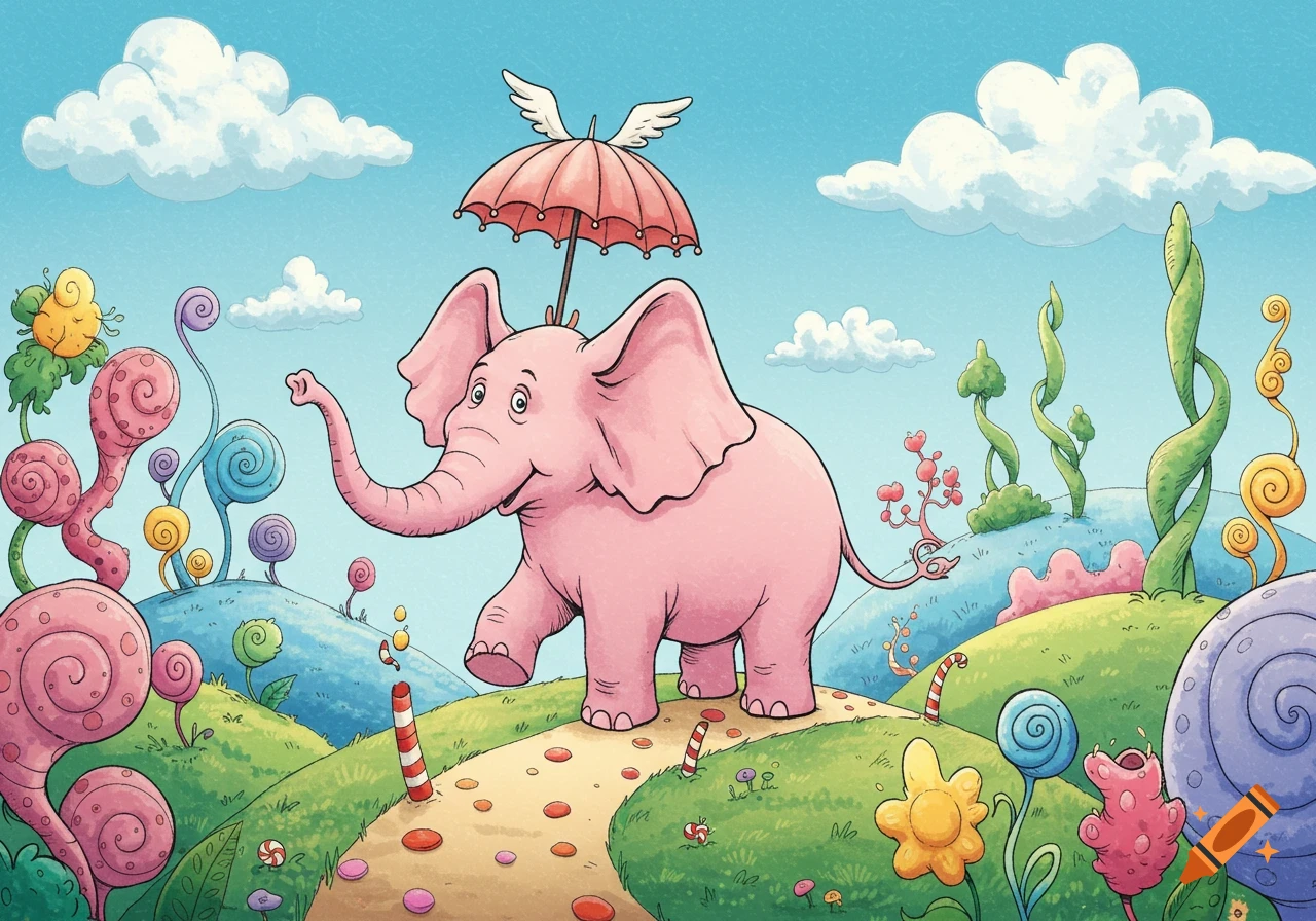 A pink elephant with a winged umbrella walks on a path in a whimsical Dr. Seuss-style landscape.