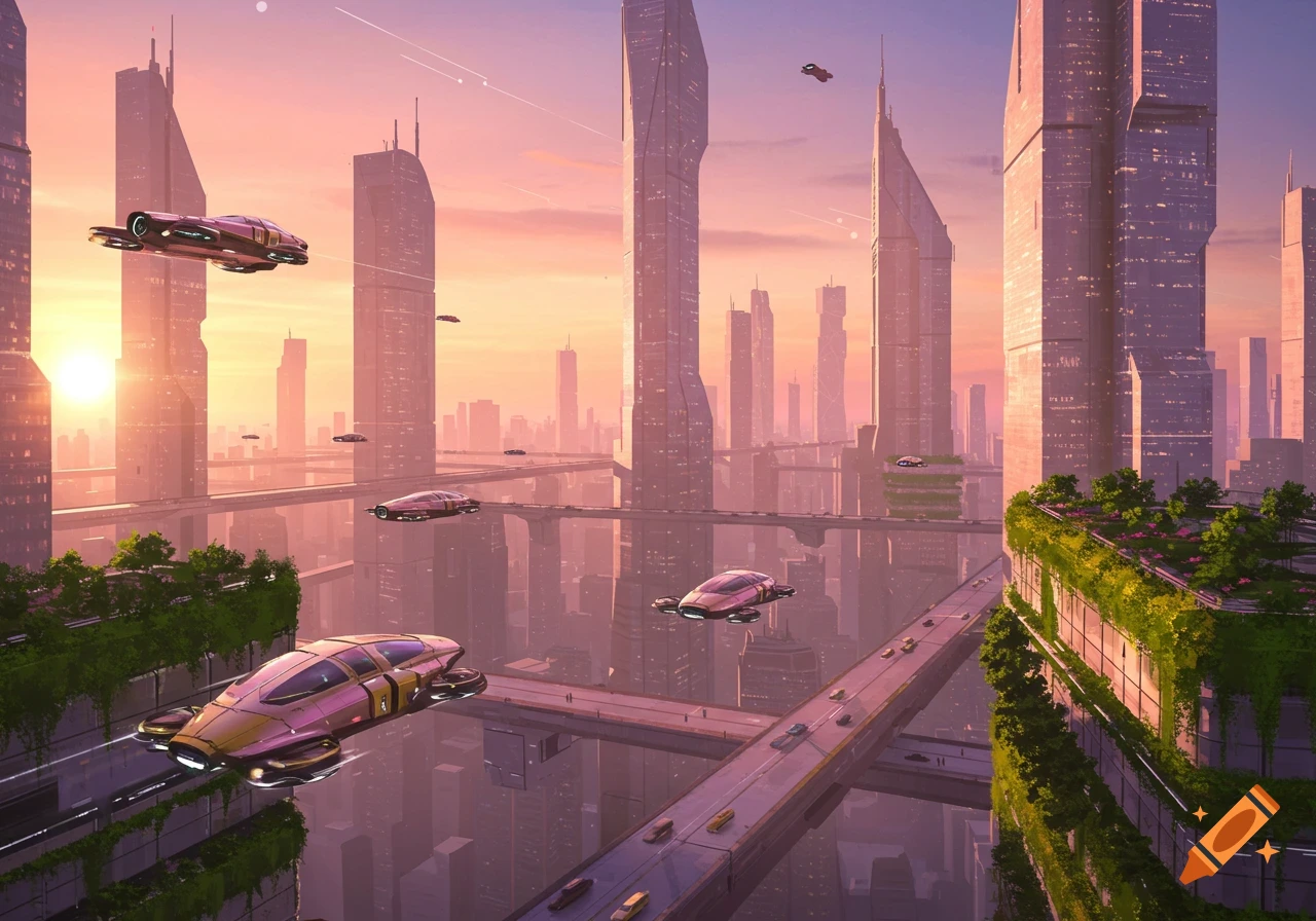 A vibrant futuristic cityscape at sunrise, with towering skyscrapers, elevated highways, and flying cars.