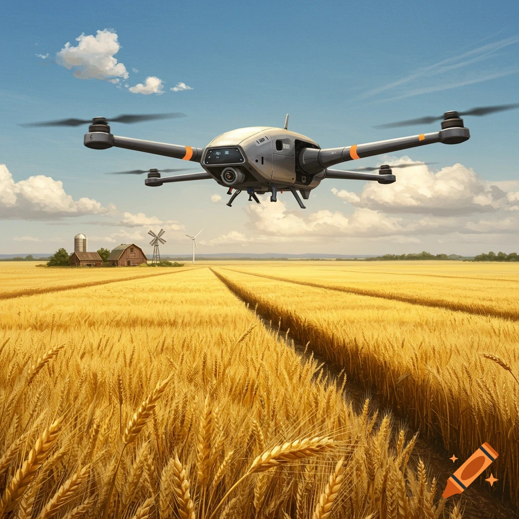 An AI-controlled drone flies over a golden wheat field with a farm and windmill in the distance under a blue sky.