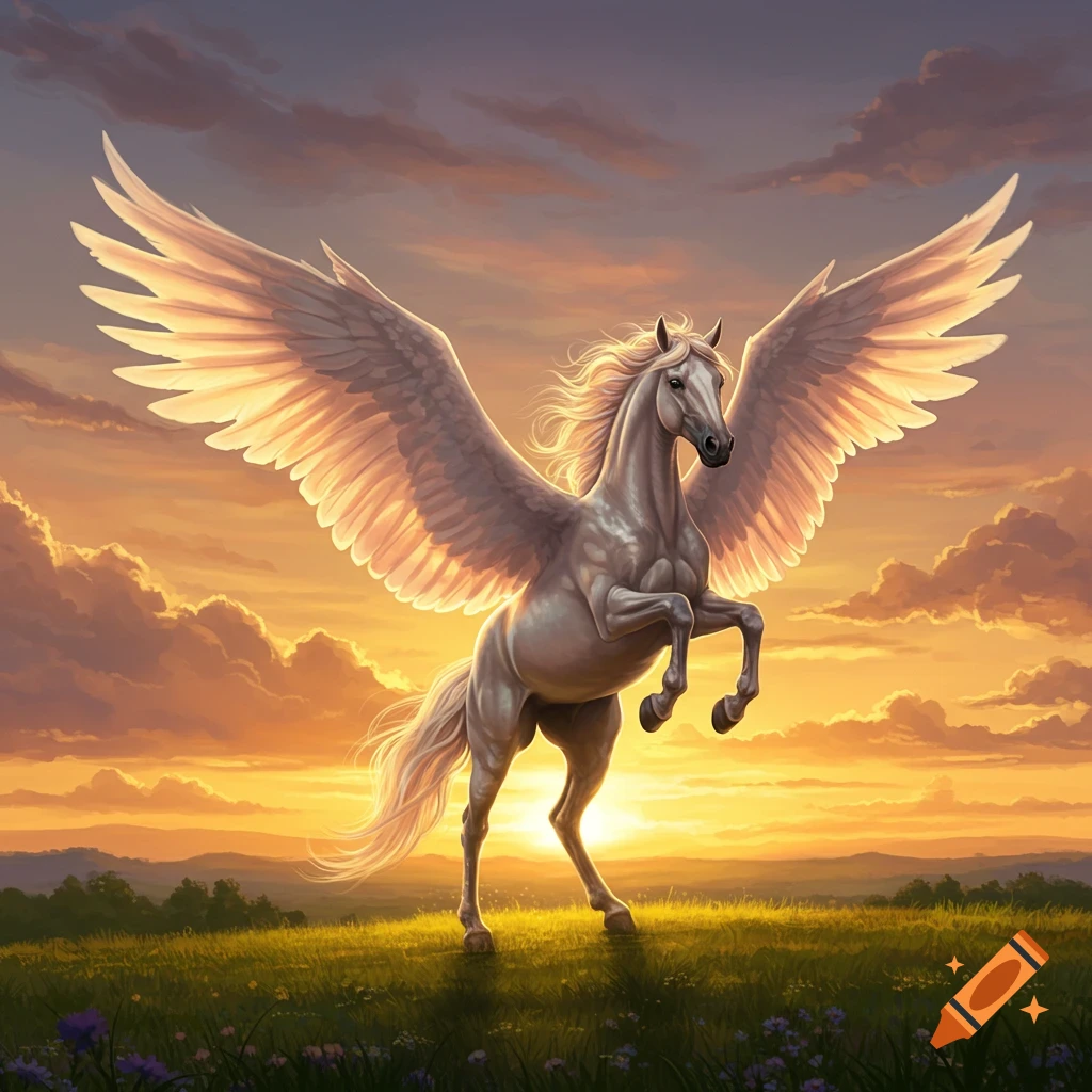 A majestic white Pegasus with large wings rears on a grassy field against a vibrant orange and purple sunset sky.