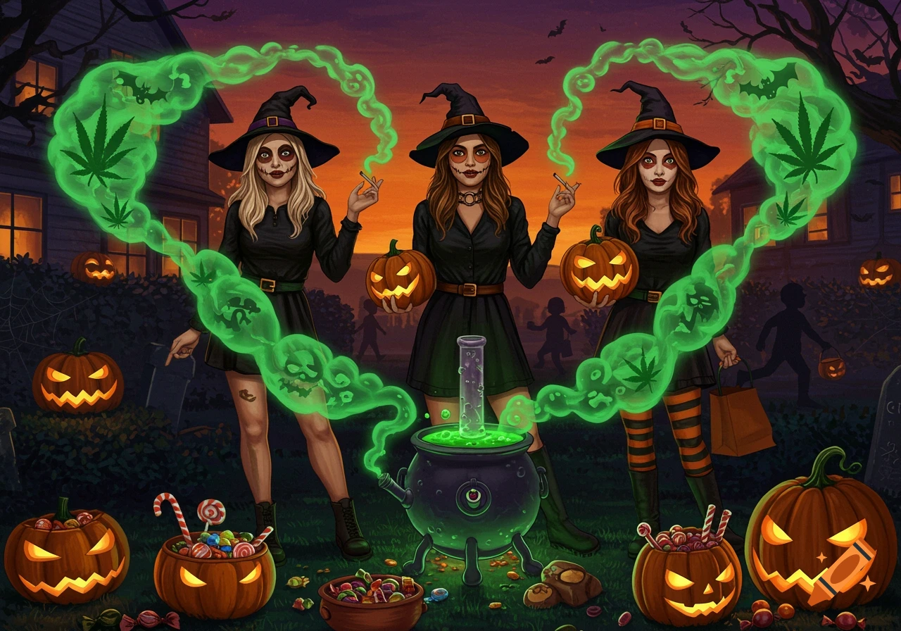 Three witches in a spooky Halloween yard with jack-o-lanterns, holding joints with green cannabis smoke, candy, and a cauldron.