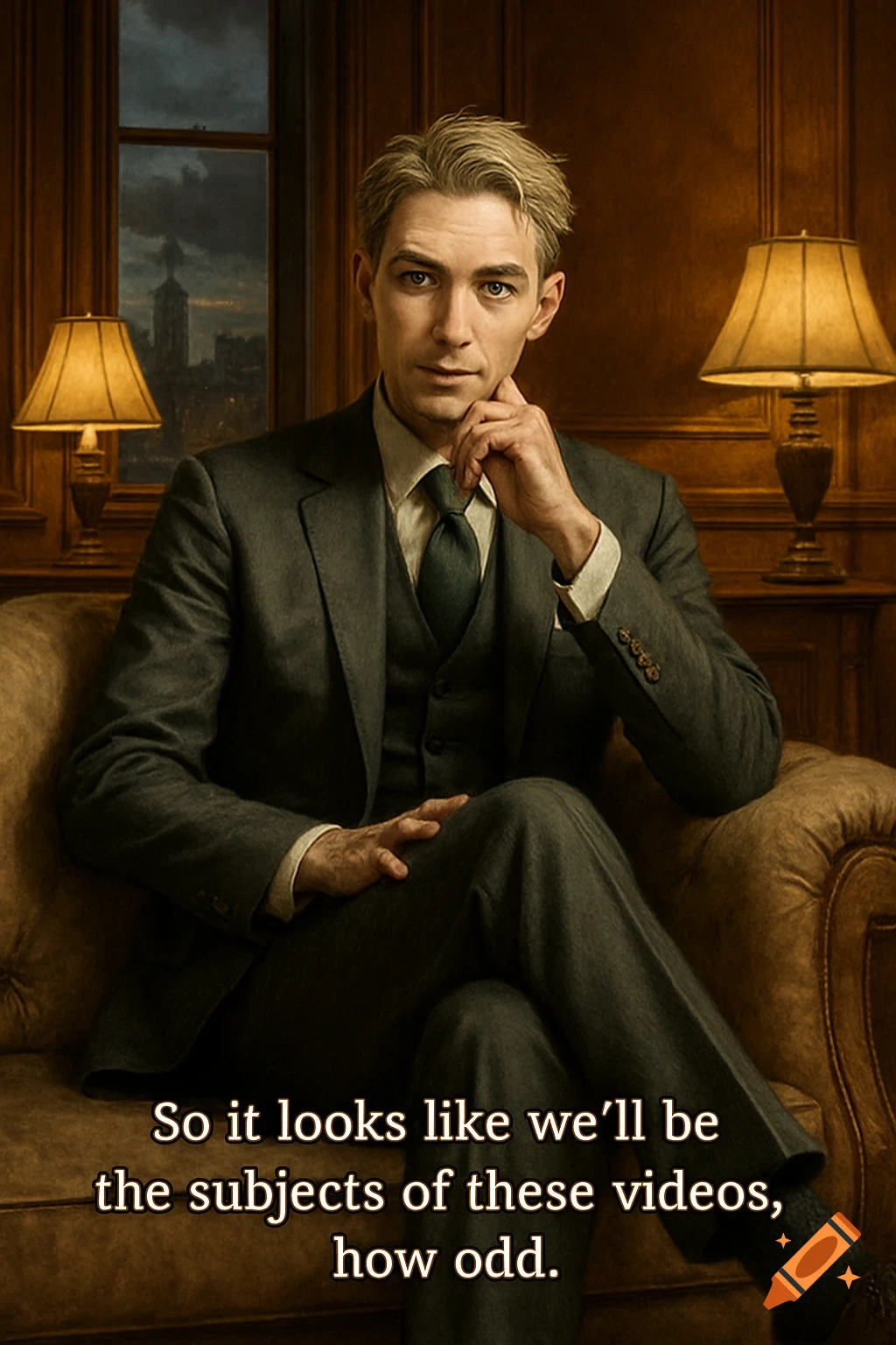 A sophisticated man in a grey suit sits on a vintage couch, hand on chin, in a dimly lit, wood-paneled room with lamps.