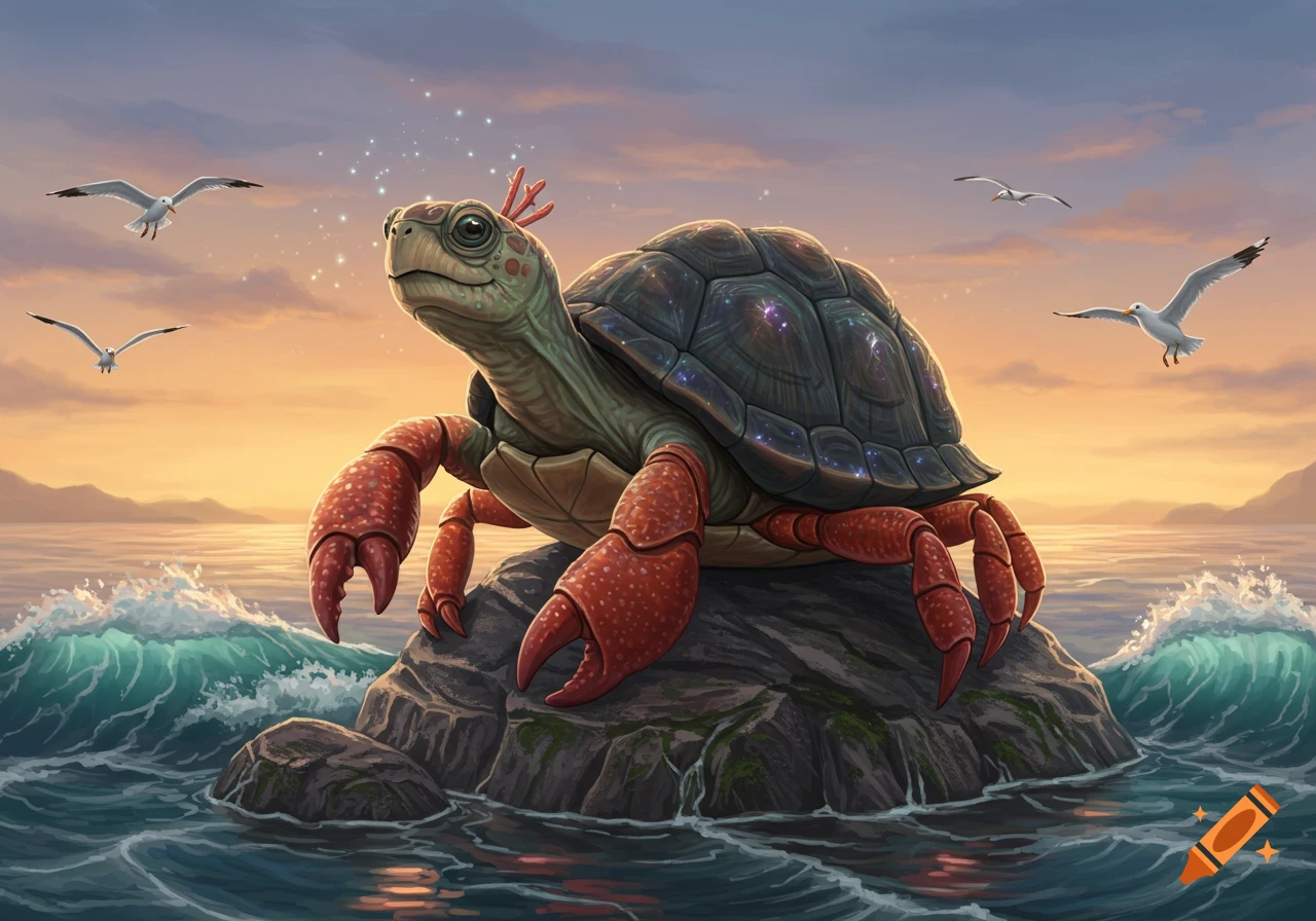 A fantastical turtle-crab creature with a sparkling shell and red claws sits on a rock in the ocean at sunset, with seagulls flying.