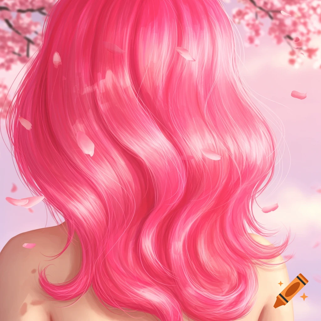 Anime illustration of a person with long, flowing pink hair seen from behind, surrounded by falling pink cherry blossom petals.