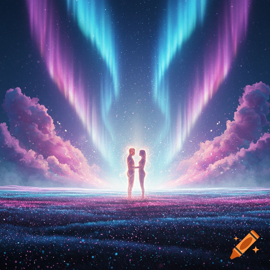 Two glowing figures hold hands in a vibrant, otherworldly landscape under a starry sky with colorful aurora and glowing clouds.