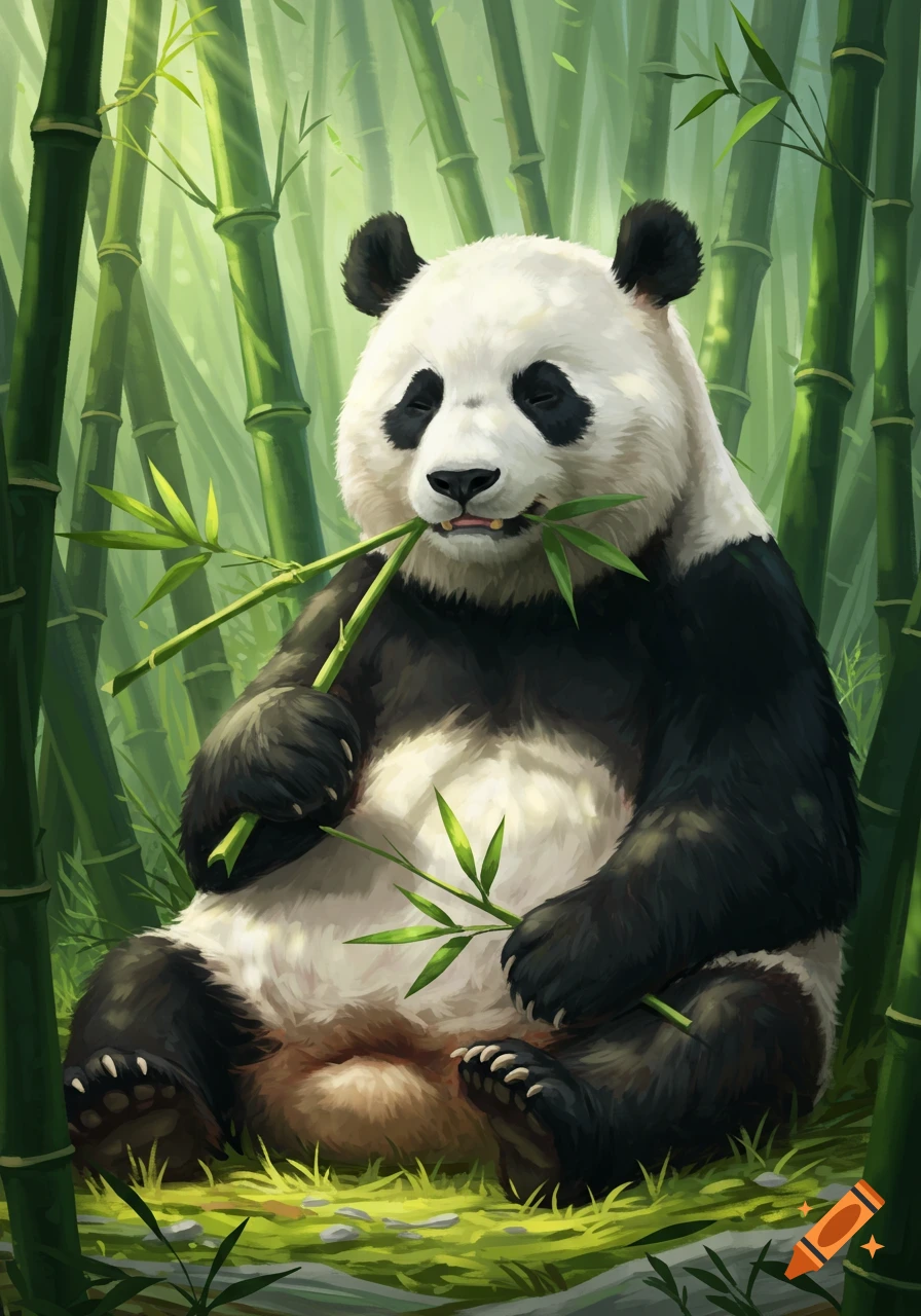 A giant panda sits surrounded by green bamboo, happily munching on a bamboo stalk, rendered in an illustrated style.