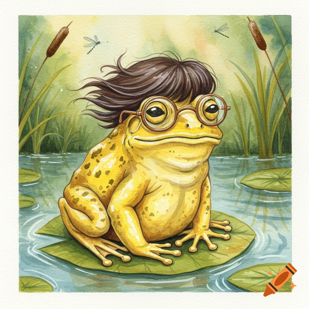 A yellow frog with brown hair and round glasses sits on a lily pad in a watercolor pond scene with reeds and dragonflies.