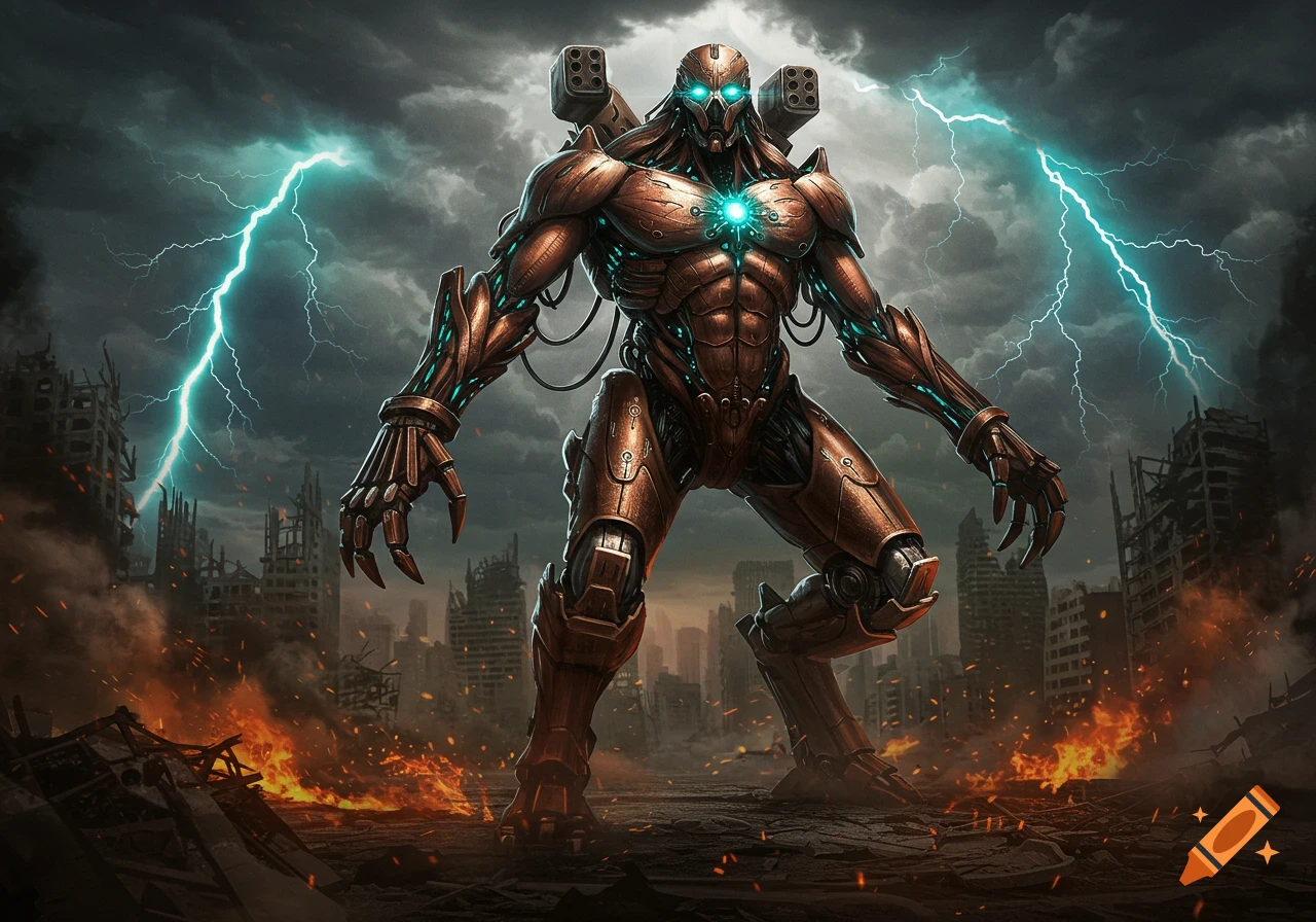 A powerful bronze-colored mech with glowing blue eyes and chest stands amidst a ruined, burning city under a stormy, lightning-filled sky in a dystopian style.