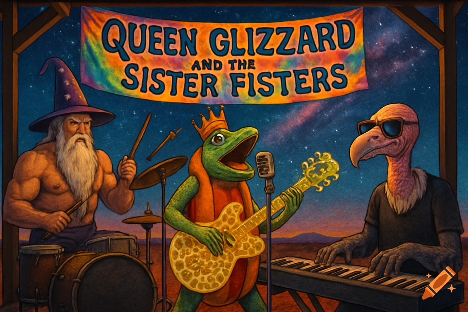 A wizard, frog, and vulture play instruments on a stage under a galaxy sky. A banner reads "Queen Glizzard and the Sister Fisters".