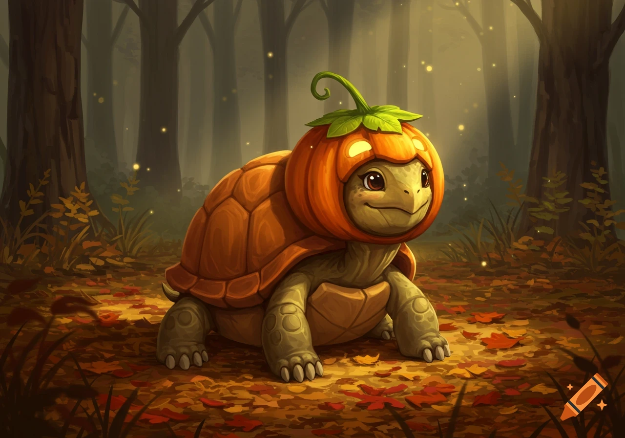 A cute, illustrated turtle wearing a pumpkin costume stands in an autumn forest with fallen leaves.