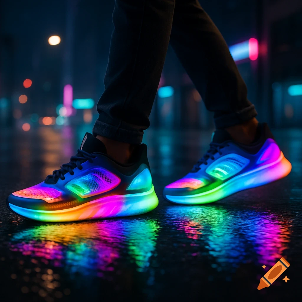 Person walking in vibrant, rainbow-colored LED sneakers on a wet urban street at night, reflecting on the pavement.