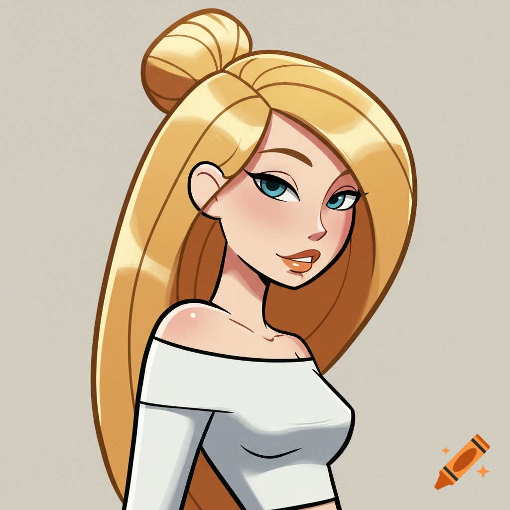A stylized cartoon portrait of a blonde woman with a bun, blue eyes, glossy lips, and a white off-shoulder top.