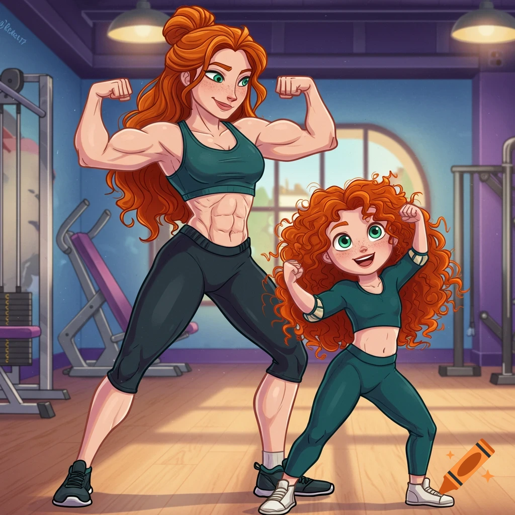 Cartoon of Merida's muscular mother and Merida flexing their biceps in a gym.