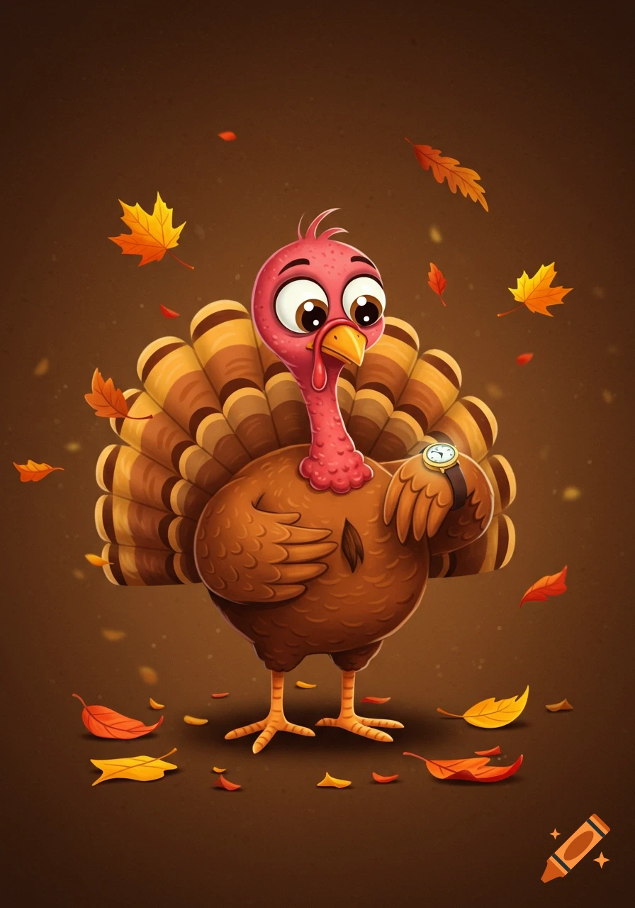 A cute cartoon turkey checks a wristwatch while standing among falling autumn leaves on a brown background.