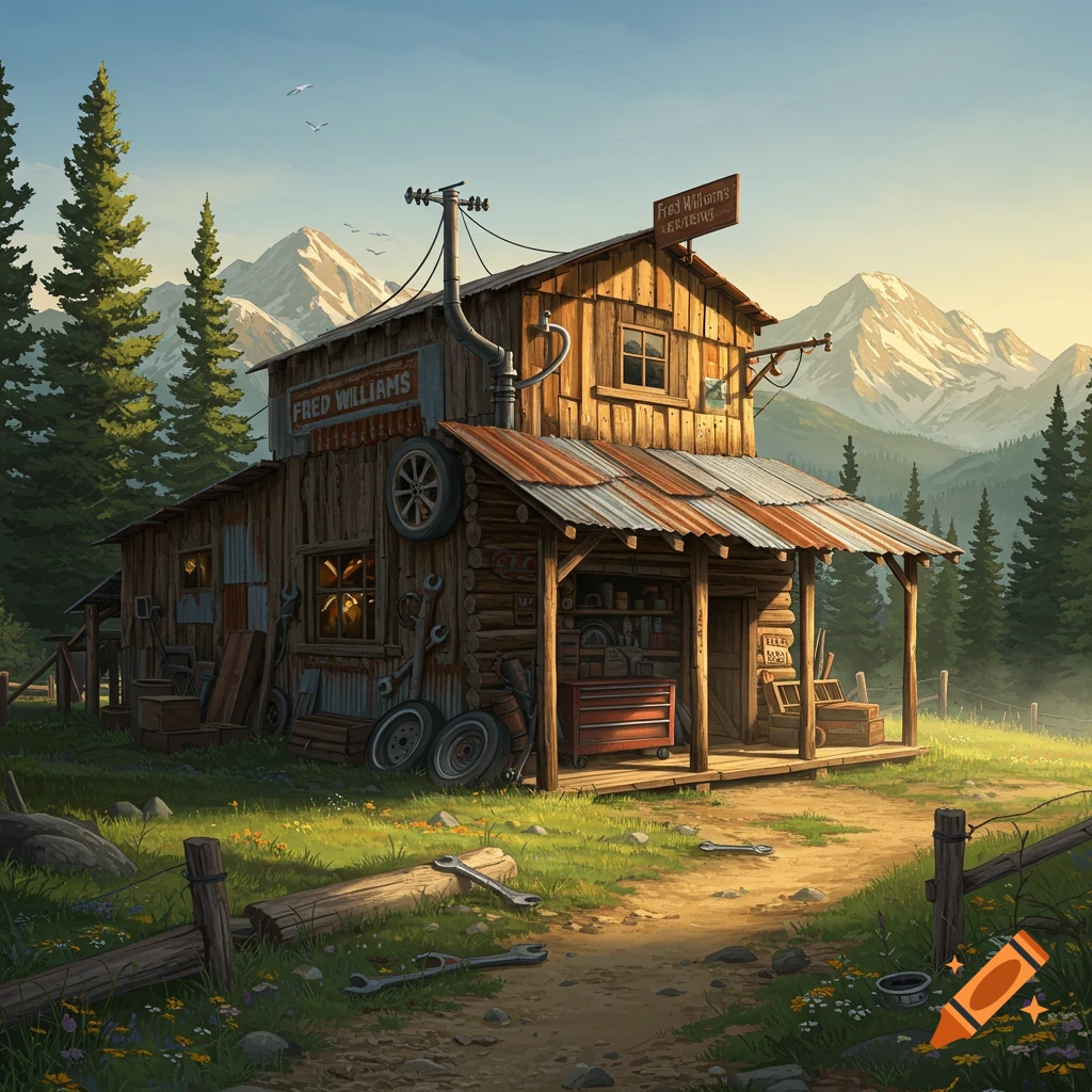 Rustic wooden garage with a rusty tin roof in a mountain landscape, surrounded by pine trees and green grass.
