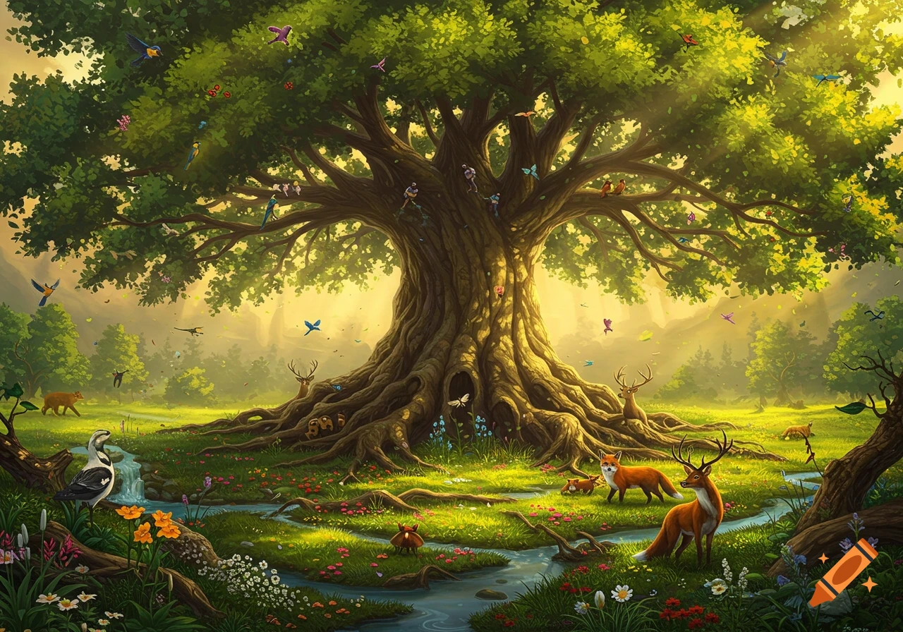 Vibrant fantasy forest with a giant, ancient tree, golden light, a stream, and diverse wildlife including deer, foxes, and birds.