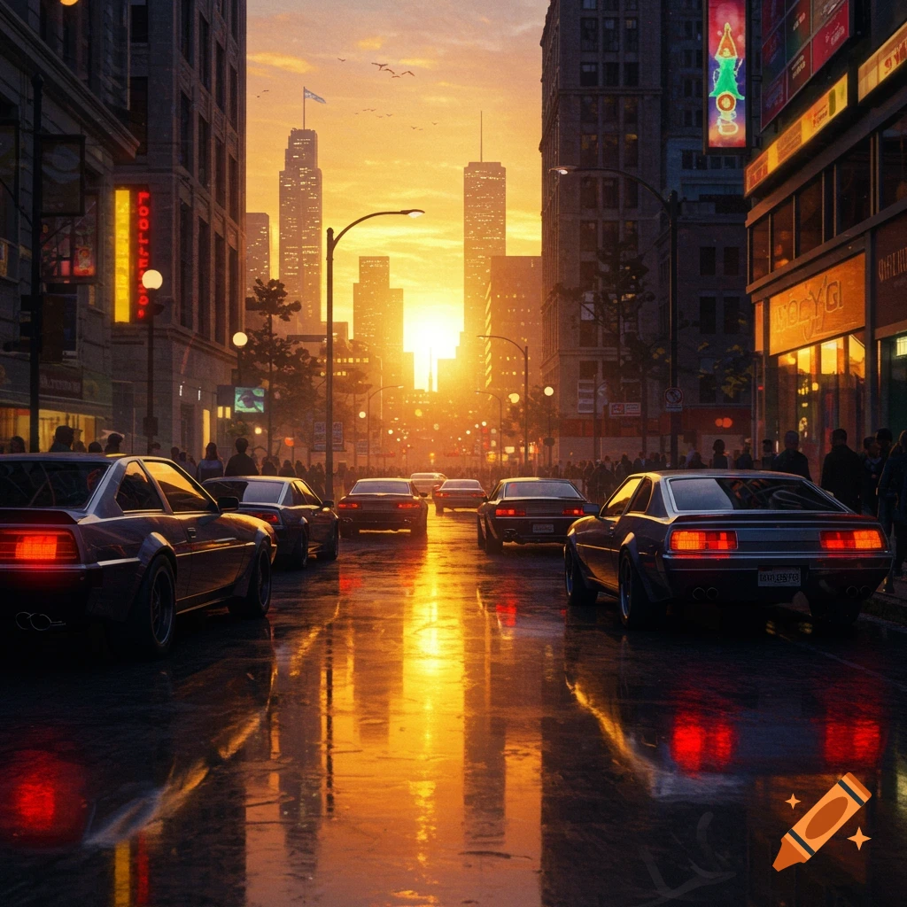 A bustling city street at sunset, with cars driving on a wet road reflecting the golden sky and city lights. Tall buildings line the street.