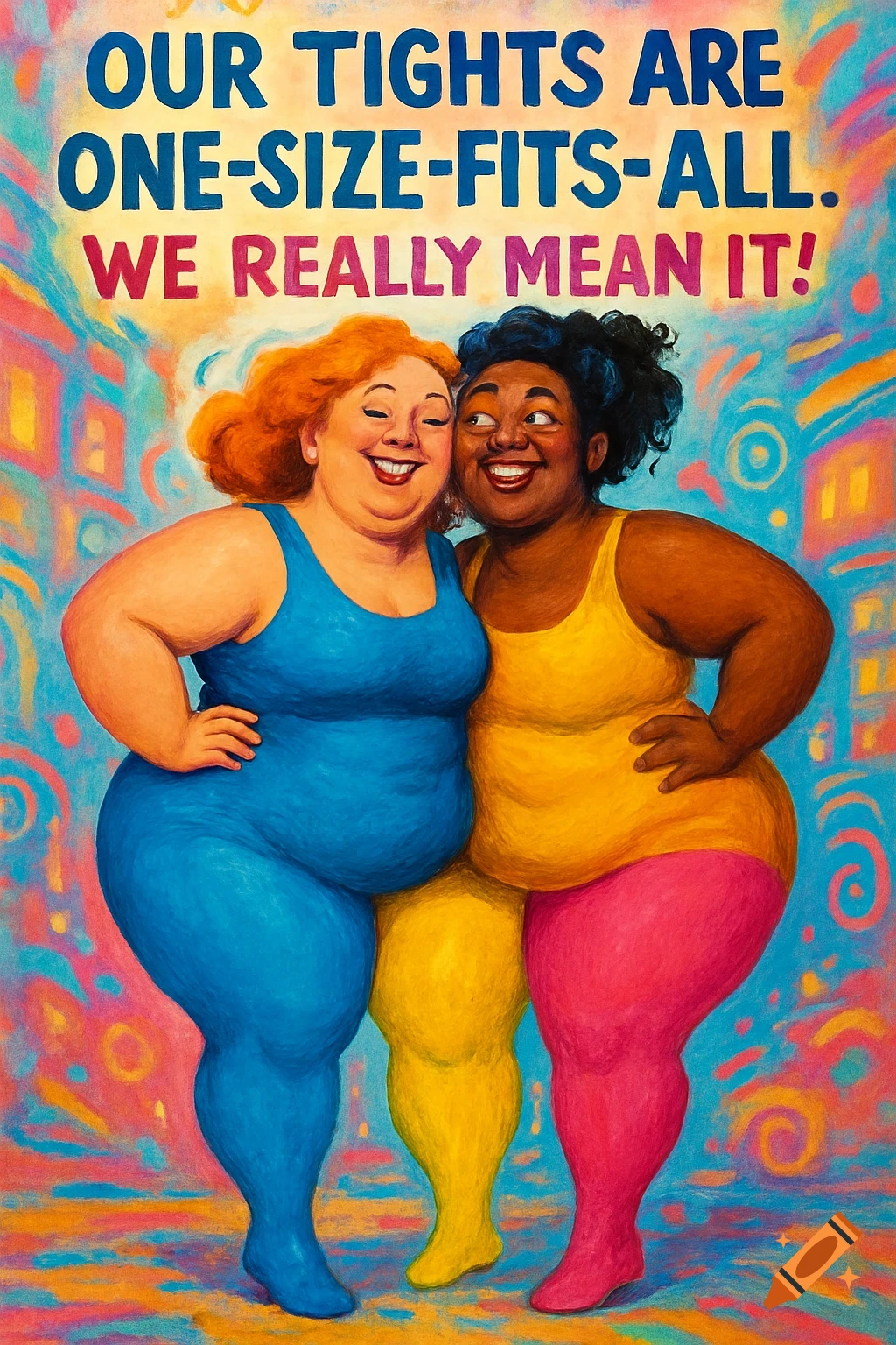 Two smiling, curvy women, one with red hair in a blue bodysuit, the other with dark skin in a yellow top and pink tights, hug. Text reads "OUR TIGHTS ARE ONE-SIZE-FITS-ALL. WE REALLY MEAN IT!"