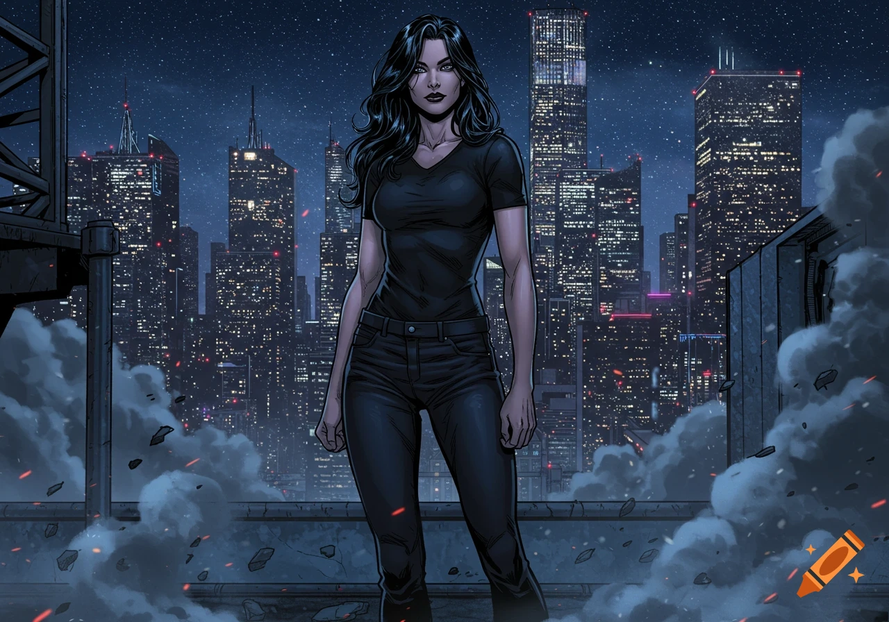 Comic art of a dark-haired woman in black clothes standing on a city rooftop at night with a bright skyline.