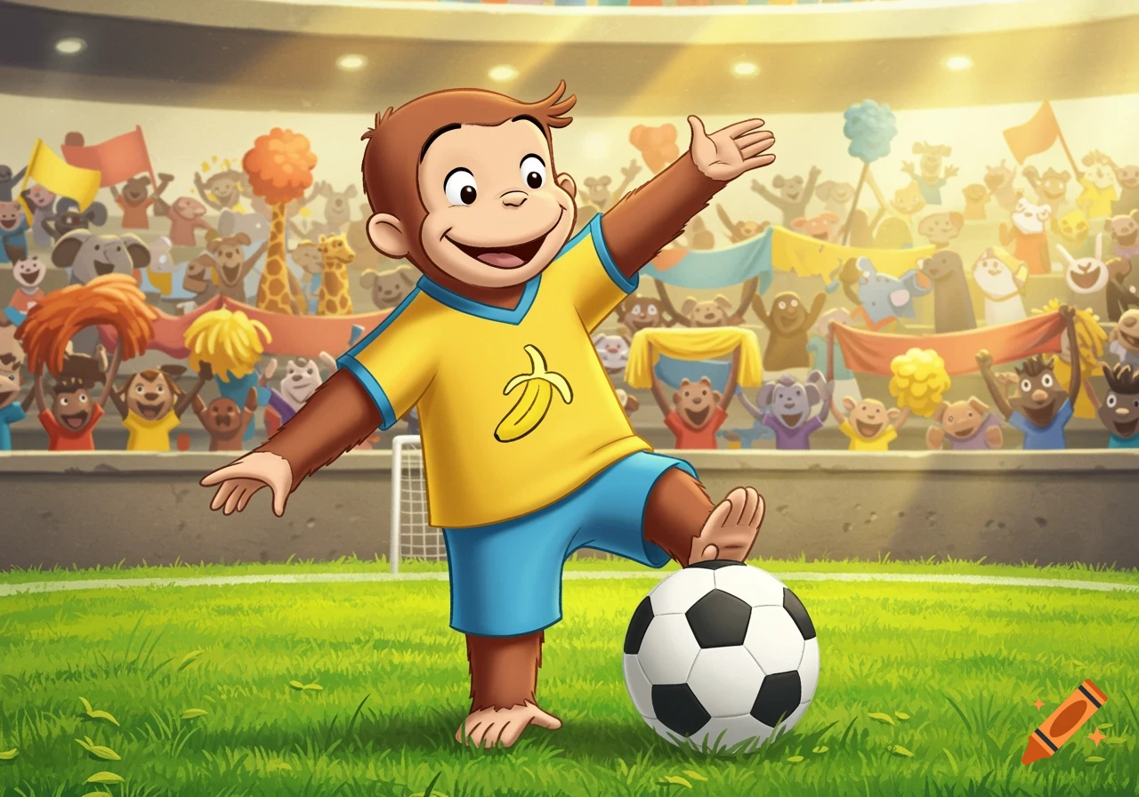Cartoon Curious George in a yellow and blue soccer uniform, about to kick a soccer ball in a stadium filled with cheering animal spectators.