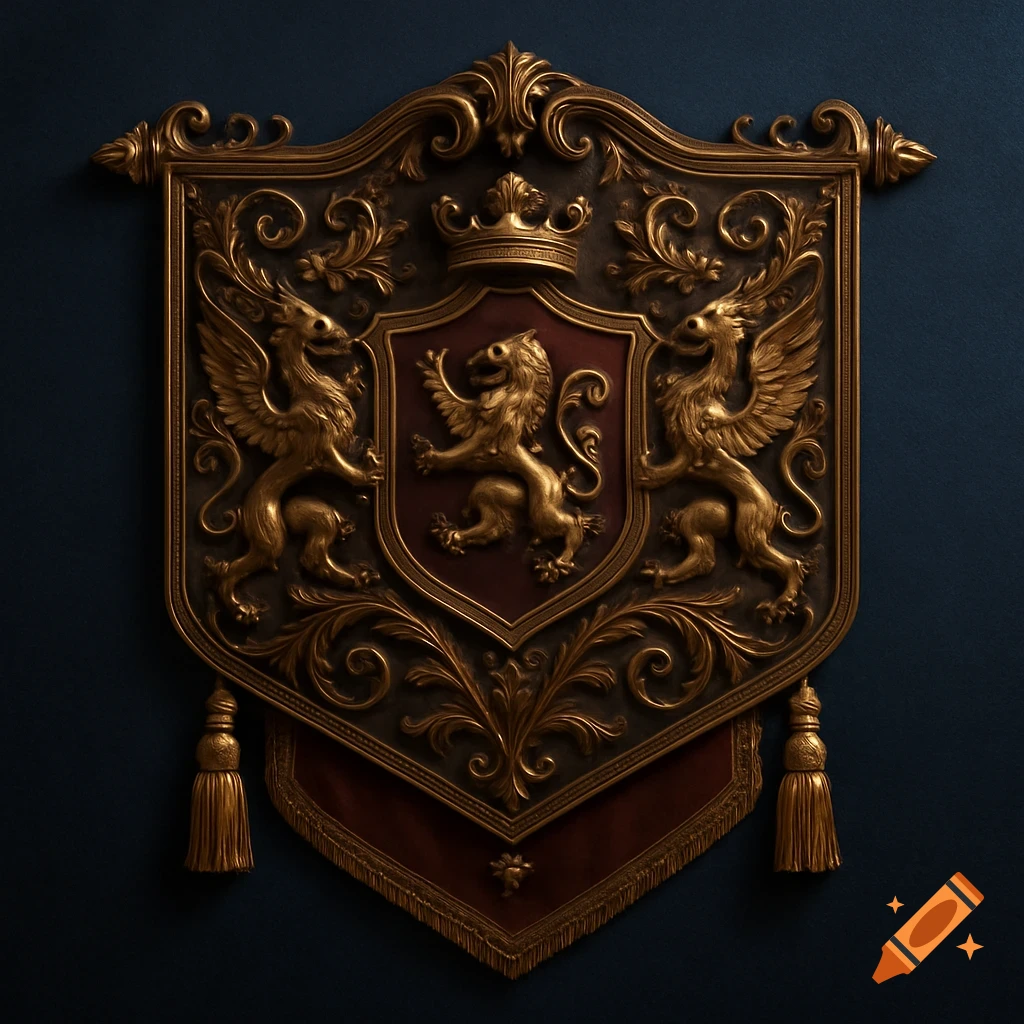 Ornate gold and dark red heraldic emblem with griffins, a lion, and a crown on a dark blue background.
