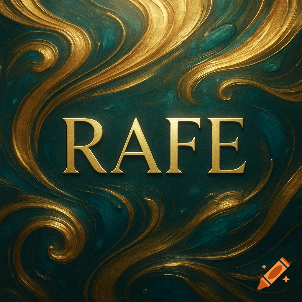 Gold serif text 'RAFE' on a luxurious swirling gold and teal textured background.