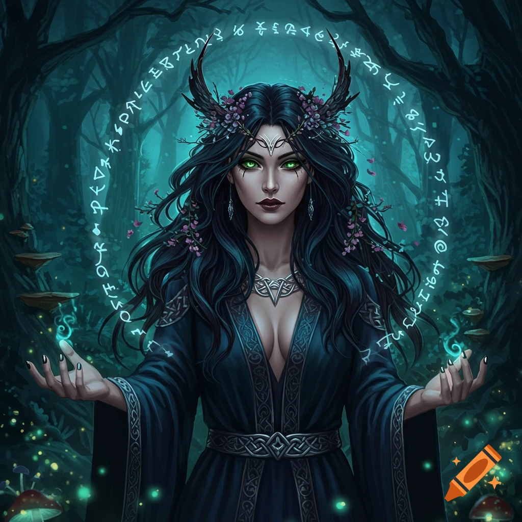 A dark-haired witch goddess with glowing green eyes and horned headpiece stands in a mystical forest, casting magic.