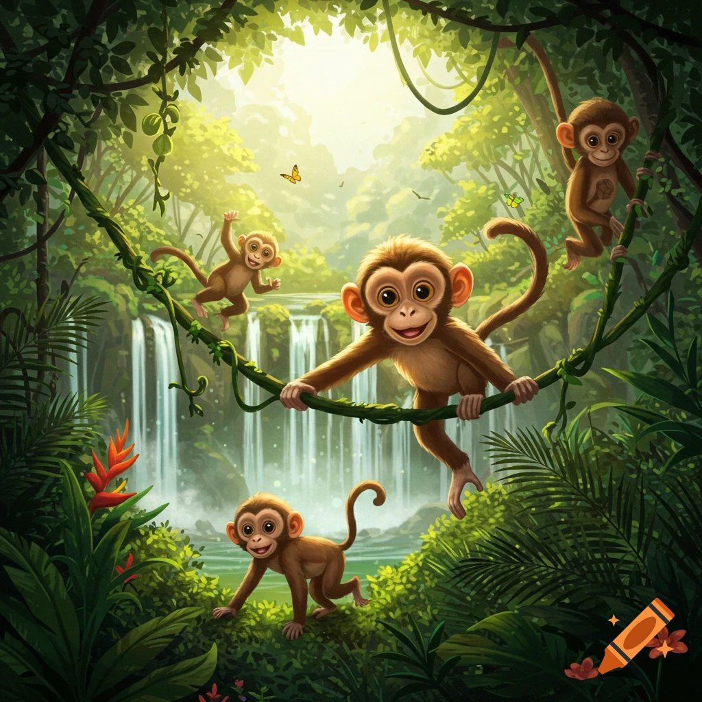 Four cartoon monkeys play on vines and on the ground in a lush jungle with waterfalls under a bright sky.