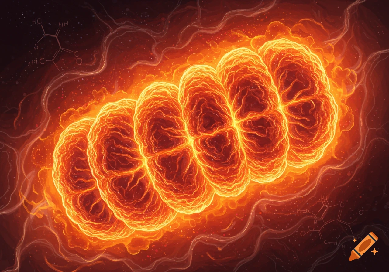 A vibrant abstract illustration showing a chain of fiery orange and yellow glowing organic forms, resembling mitochondria, on a dark background.