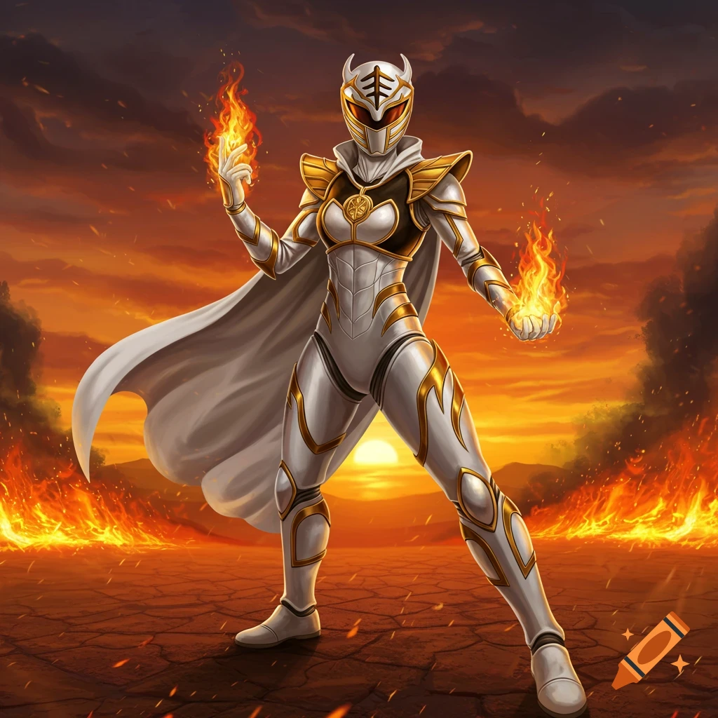 A female superhero in white and gold armor with a cape stands in a fiery, cracked landscape at sunset, wielding fire. Illustration.