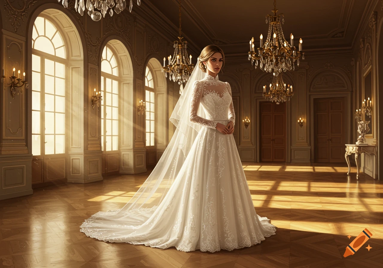 Elegant woman in a white long-sleeve wedding dress standing in a sunlit grand ballroom with chandeliers.