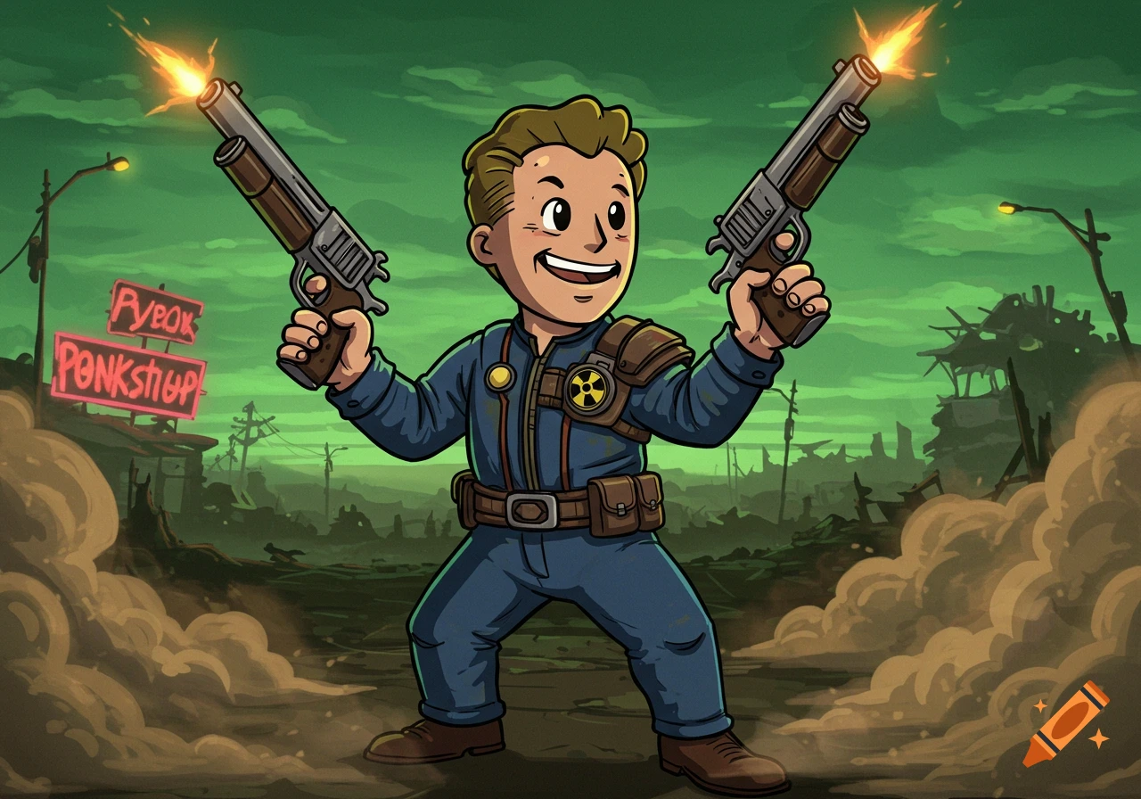 Cartoon Pip-Boy in a blue vault suit holds two firing pistols in a post-apocalyptic wasteland.