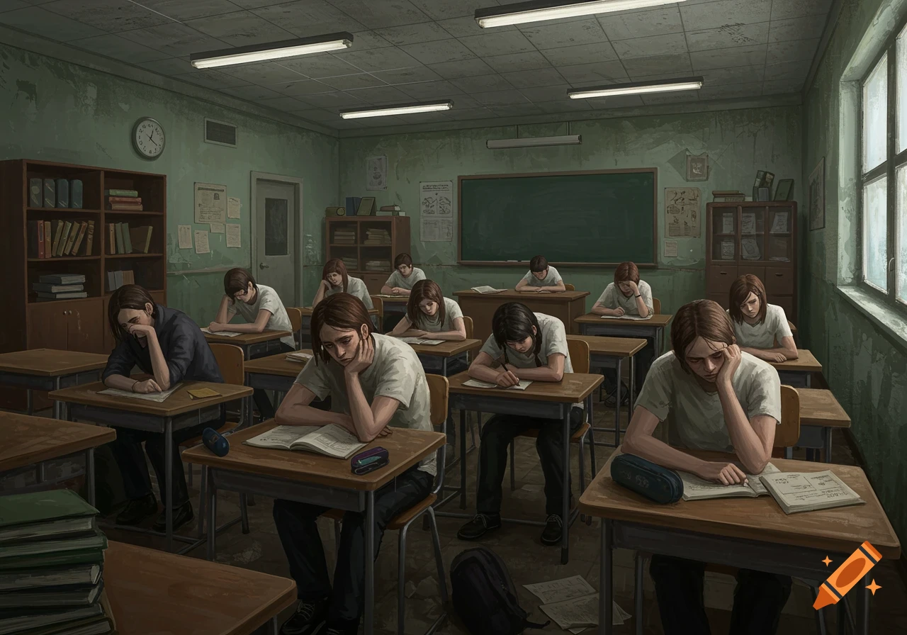 An illustration of a classroom with many students sitting at desks, looking disengaged or sad, during a lesson. The room is somewhat dim with pale green walls.