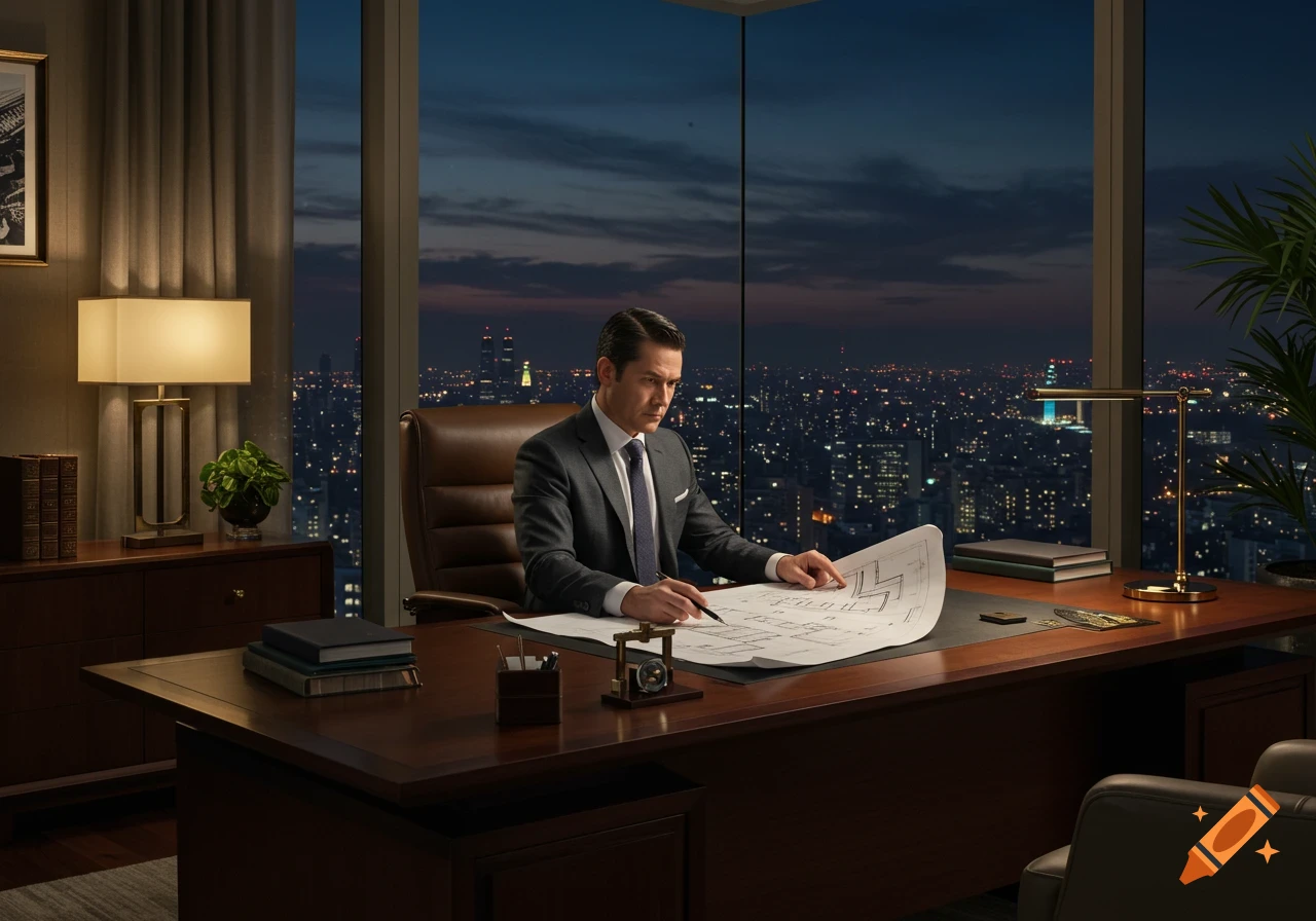 A man in a suit works at a large desk, reviewing blueprints in a high-rise office with a sprawling city skyline at night.