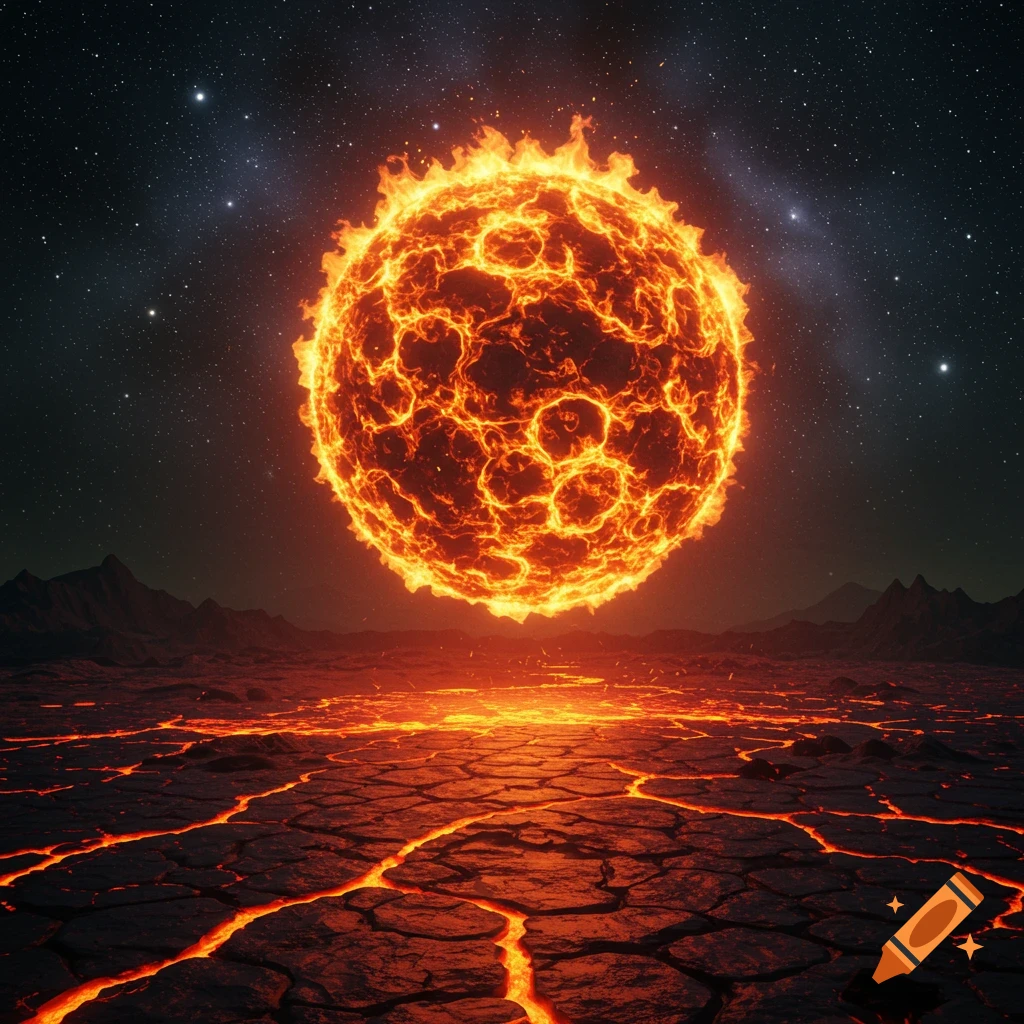 A giant flaming sun or planet hovers over a molten, rocky landscape under a dark, starry night sky. Digital art.