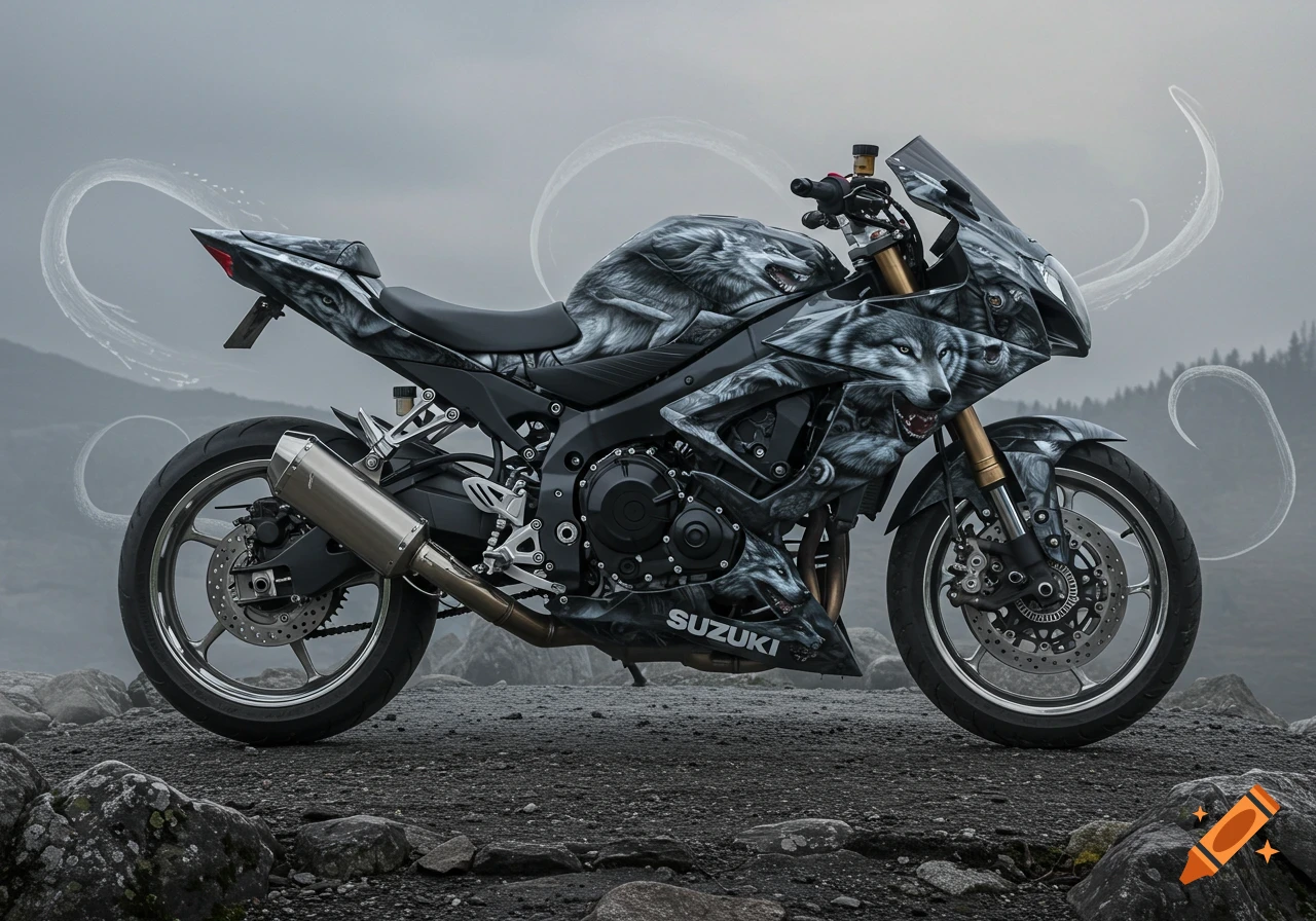 A black Suzuki GSXR motorcycle with grey wolf-themed body panels is parked on a rocky, misty landscape.