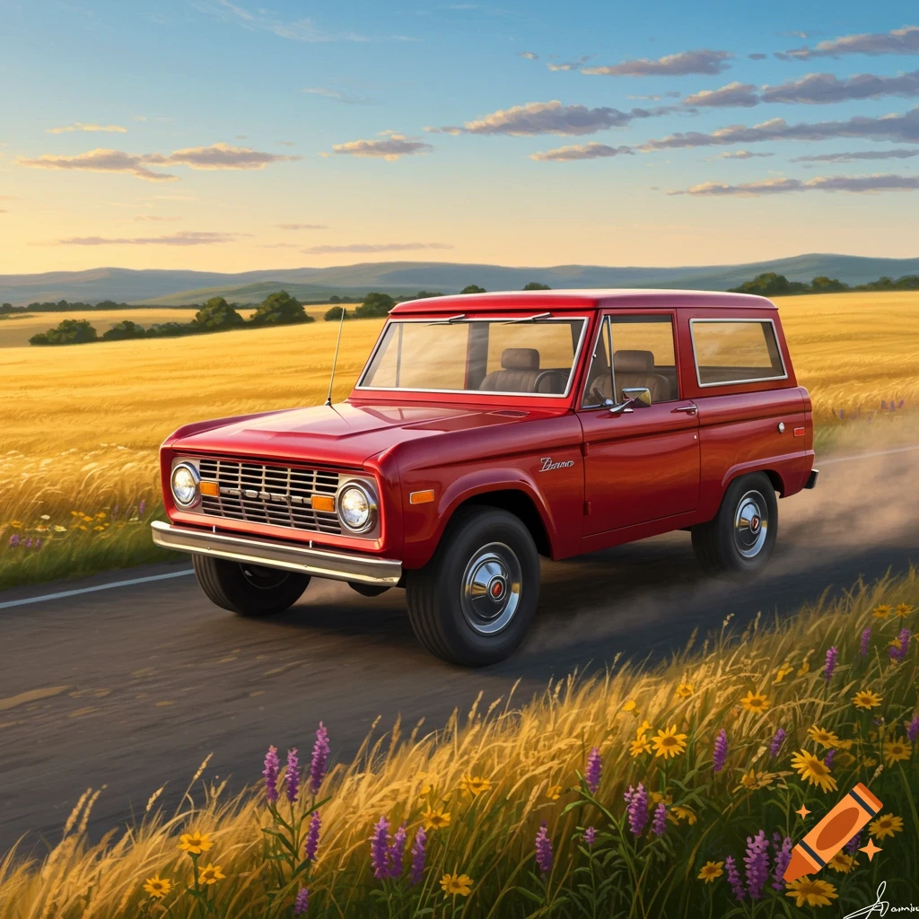 A red classic Ford Bronco drives on a country road through golden fields with wildflowers under a blue sky at sunset.