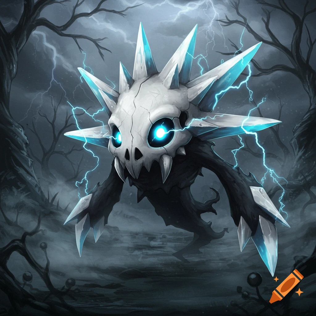 A scary skull Pok 00e9mon with icy spikes and glowing blue eyes, surrounded by lightning in a dark, spooky forest, digital illustration.